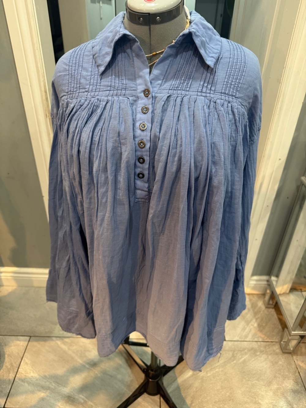 Free People Dusty Blue Pleated Button-Front Tunic- flowy shirt (see pics)